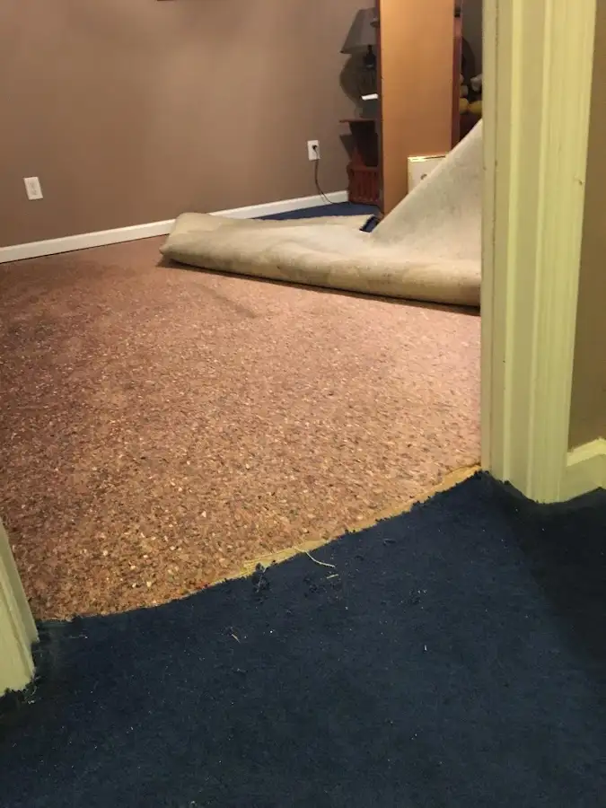 Carpet pad removal revealing water damage during Water Mitigation Services in Harrisonville
